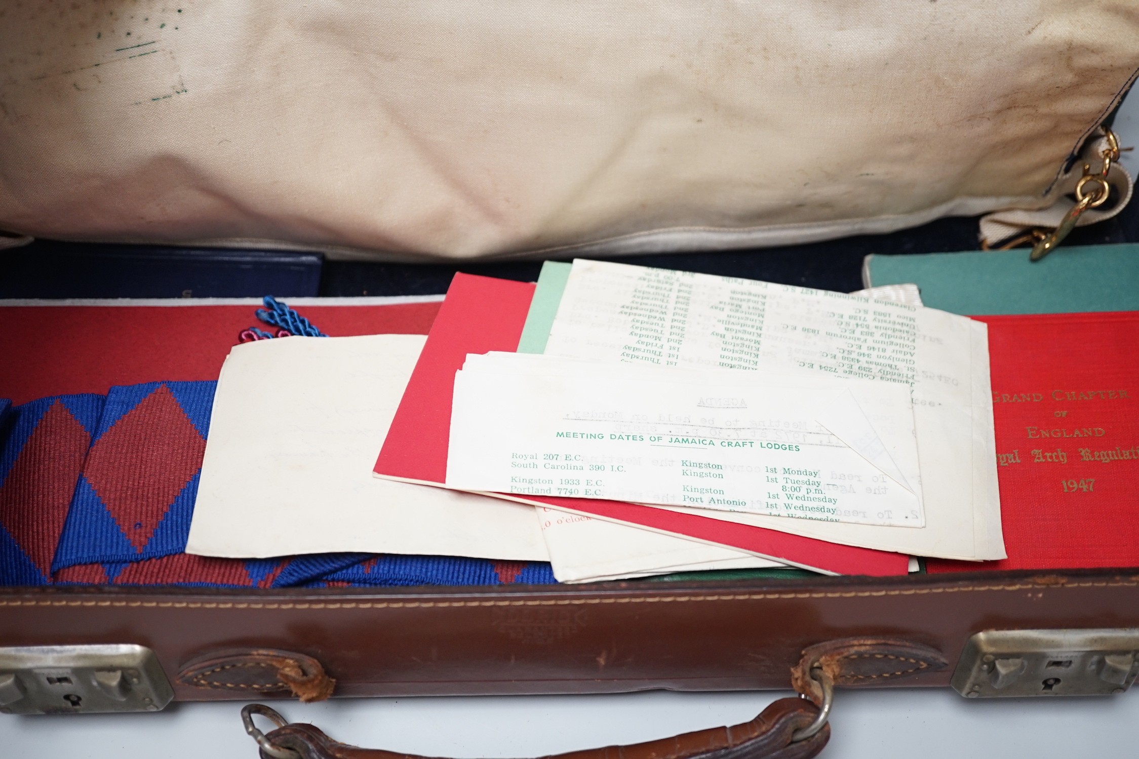 Various Masonic wares in a leather case